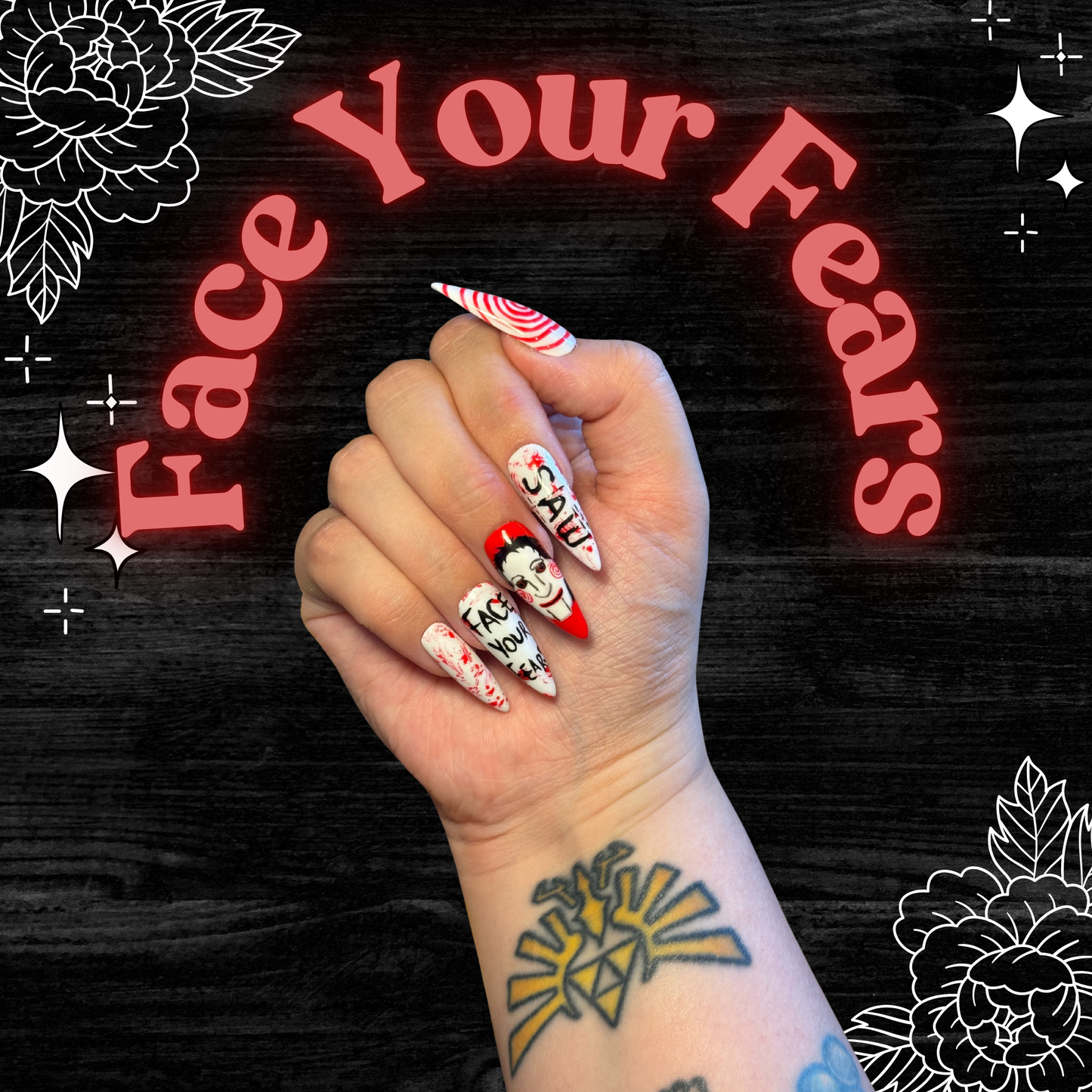 Face Your Fears - Cosplay, Press On Nails Set, Theme Park Nails, Nerdy Press On Nails, Alternative Nails, Horror Nails, Saw Film, Thorpe Park Nails