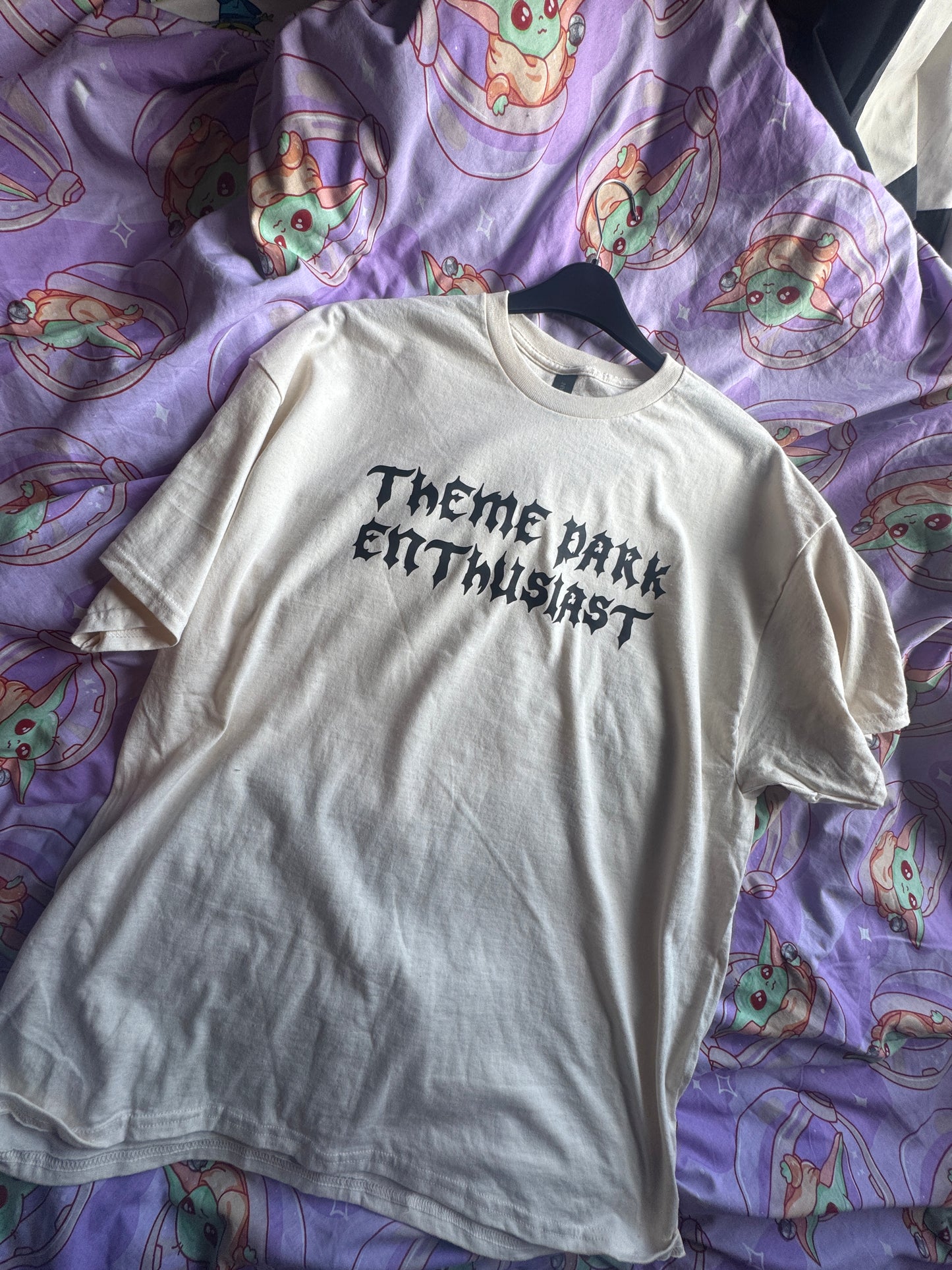 Oopsie! Gothic Style "Theme Park Enthusiast" T-Shirt (Pink Print) (XL, Cream)