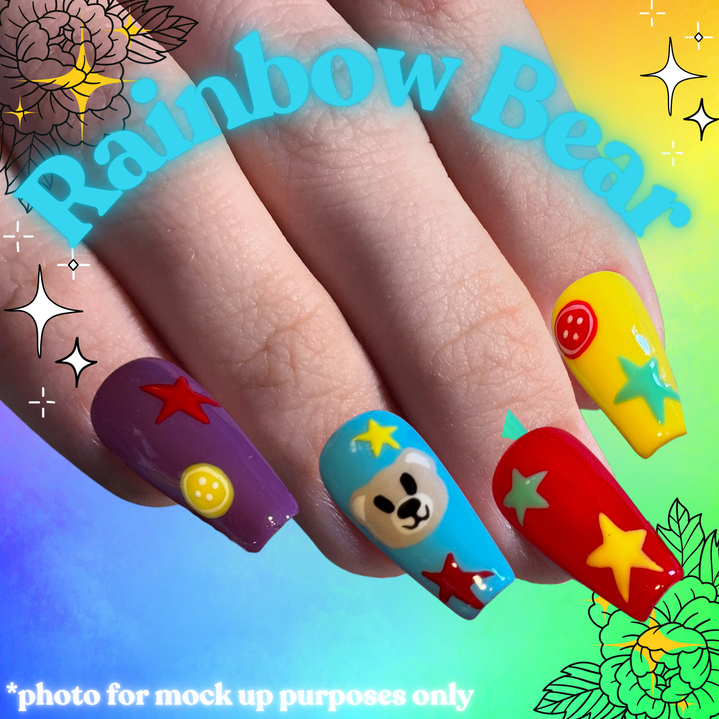 Rainbow Bear - Cosplay, Press On Nails Set, Theme Park Nails, Nerdy Press On Nails, Alternative Nails, Alton Towers Nails, Alton Bear