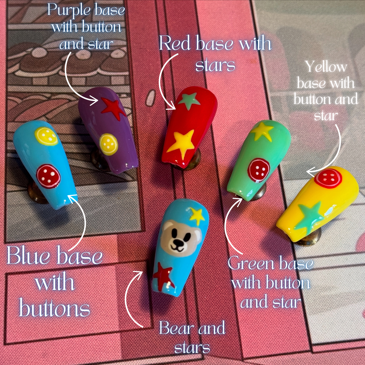 Rainbow Bear - Cosplay, Press On Nails Set, Theme Park Nails, Nerdy Press On Nails, Alternative Nails, Alton Towers Nails, Alton Bear