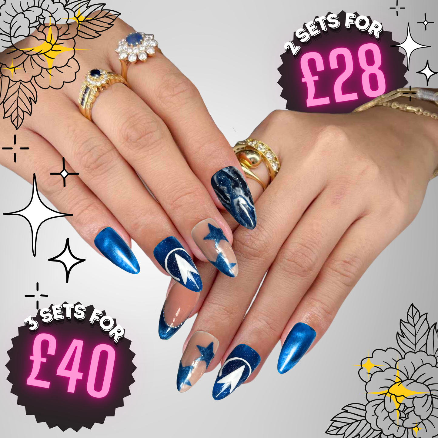 2 for £28 or 3 for £40 - Discount Sets, Press On Nail Sale, Offers, Press On Nails Set, Theme Park Nails, Nerdy Press On Nails, Alternative Nails