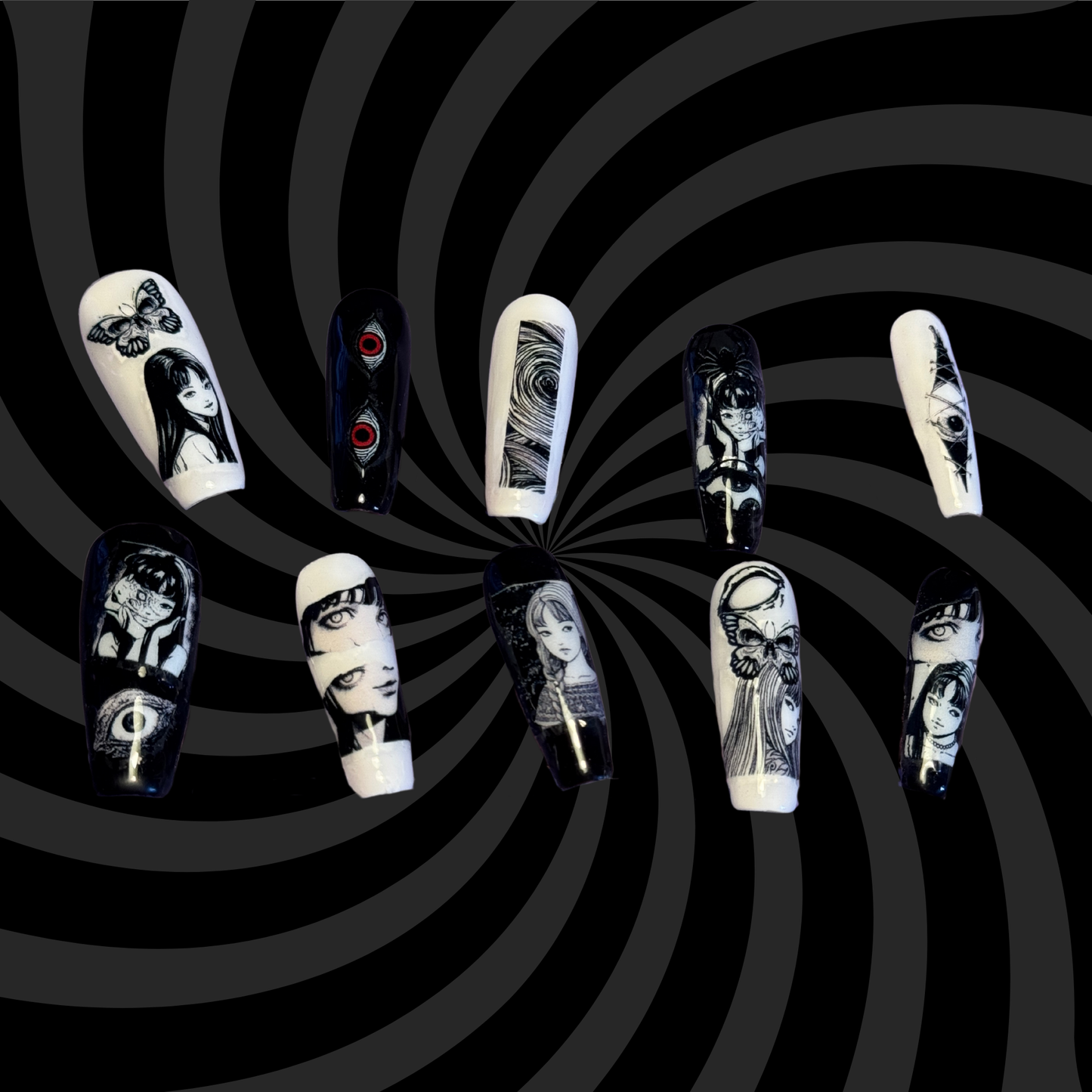 Junji Ito - Cosplay, Press On Nails Set, Horror Nails, Halloween Press Ons, Alternative Nails, Horror Nails, Junji Ito Nails, Manga Nails, Anime Press On Nails