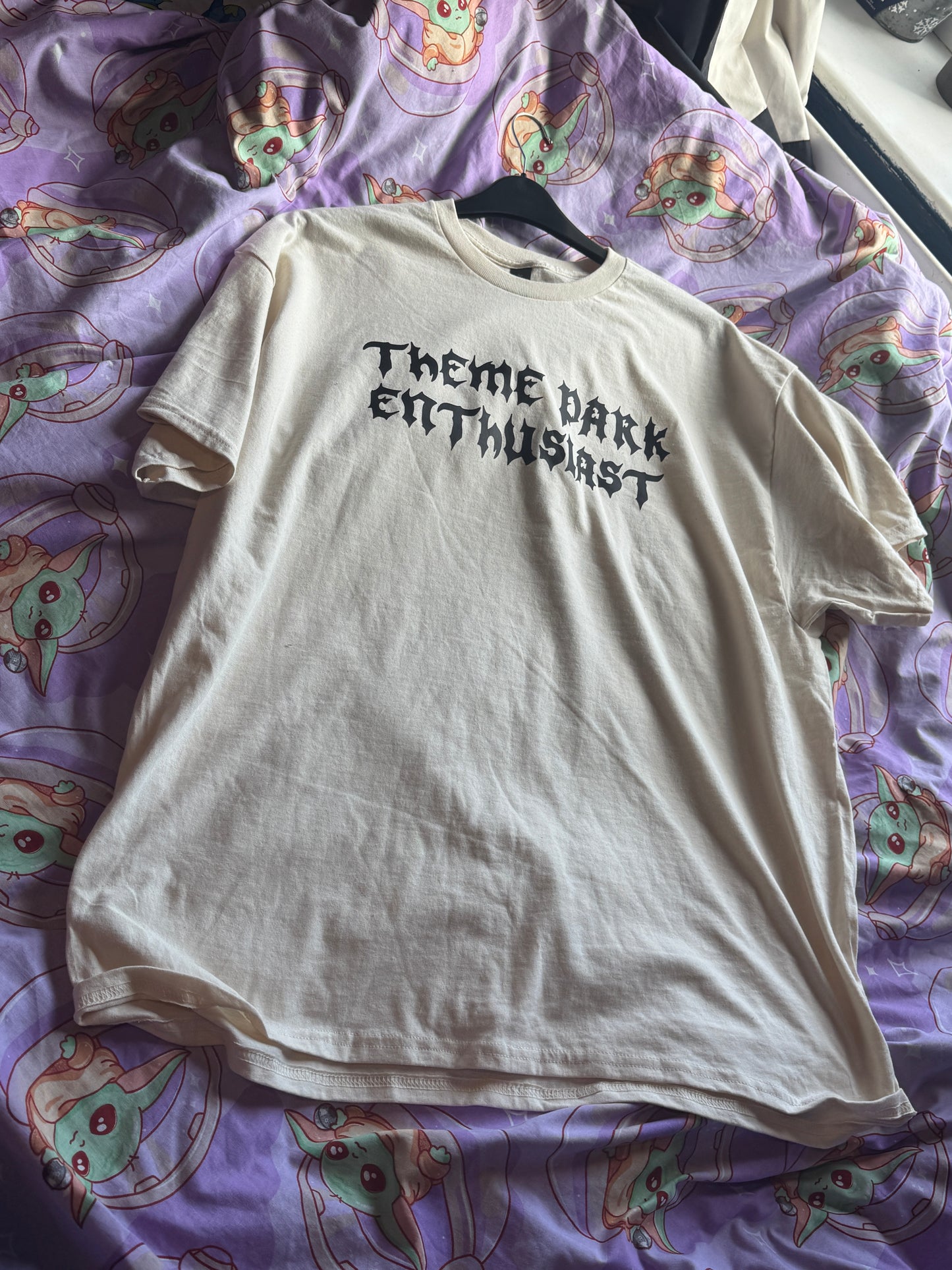 Oopsie! Gothic Style "Theme Park Enthusiast" T-Shirt (Pink Print) (XL, Cream)