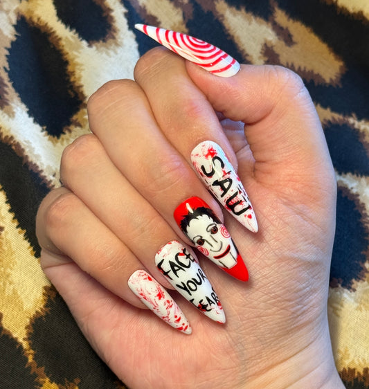 Face Your Fears - Cosplay, Press On Nails Set, Theme Park Nails, Nerdy Press On Nails, Alternative Nails, Horror Nails, Saw Film, Thorpe Park Nails