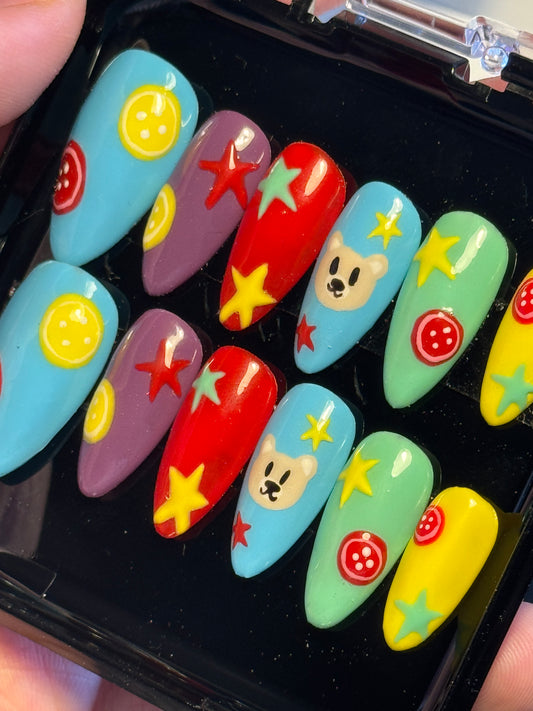 Rainbow Bear - Cosplay, Press On Nails Set, Theme Park Nails, Nerdy Press On Nails, Alternative Nails, Alton Towers Nails, Alton Bear