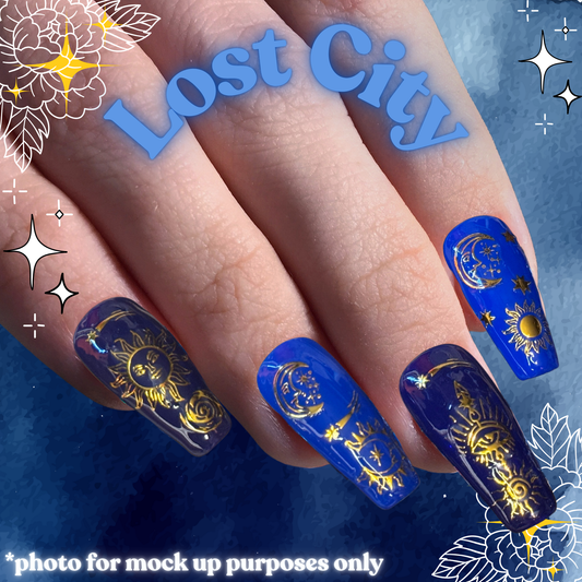 Lost City - Cosplay, Press On Nails Set, Colossus Inspired Nails, Theme Park Press Ons, Alternative Nails, Theme Park Nails, Thorpe Park Nails, Gold and Navy