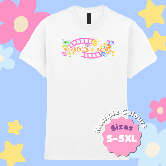 Cocktails & Creds T-Shirt, Theme Park Apparel, Theme Park T-Shirt, Plus Size, Rollercoaster Clothes, Rollercoaster Enthusiast Merch