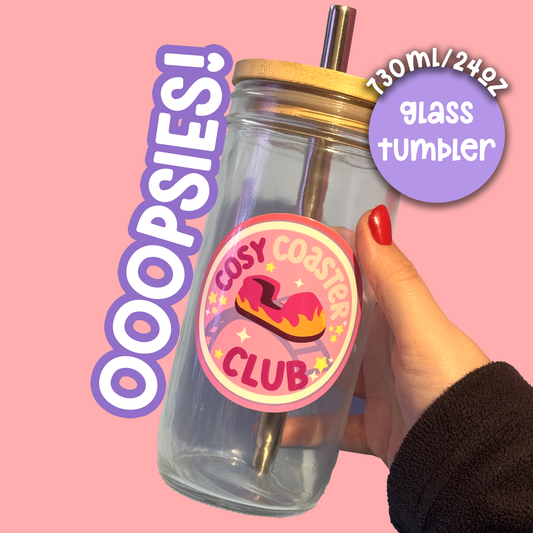 OOPSIE - 24oz Cosy Coaster Club Glass Tumbler, Theme Park Apparel, Theme Park Lover Drinkware, Rollercoaster Lover Gift, Rollercoaster Enthusiast Merch